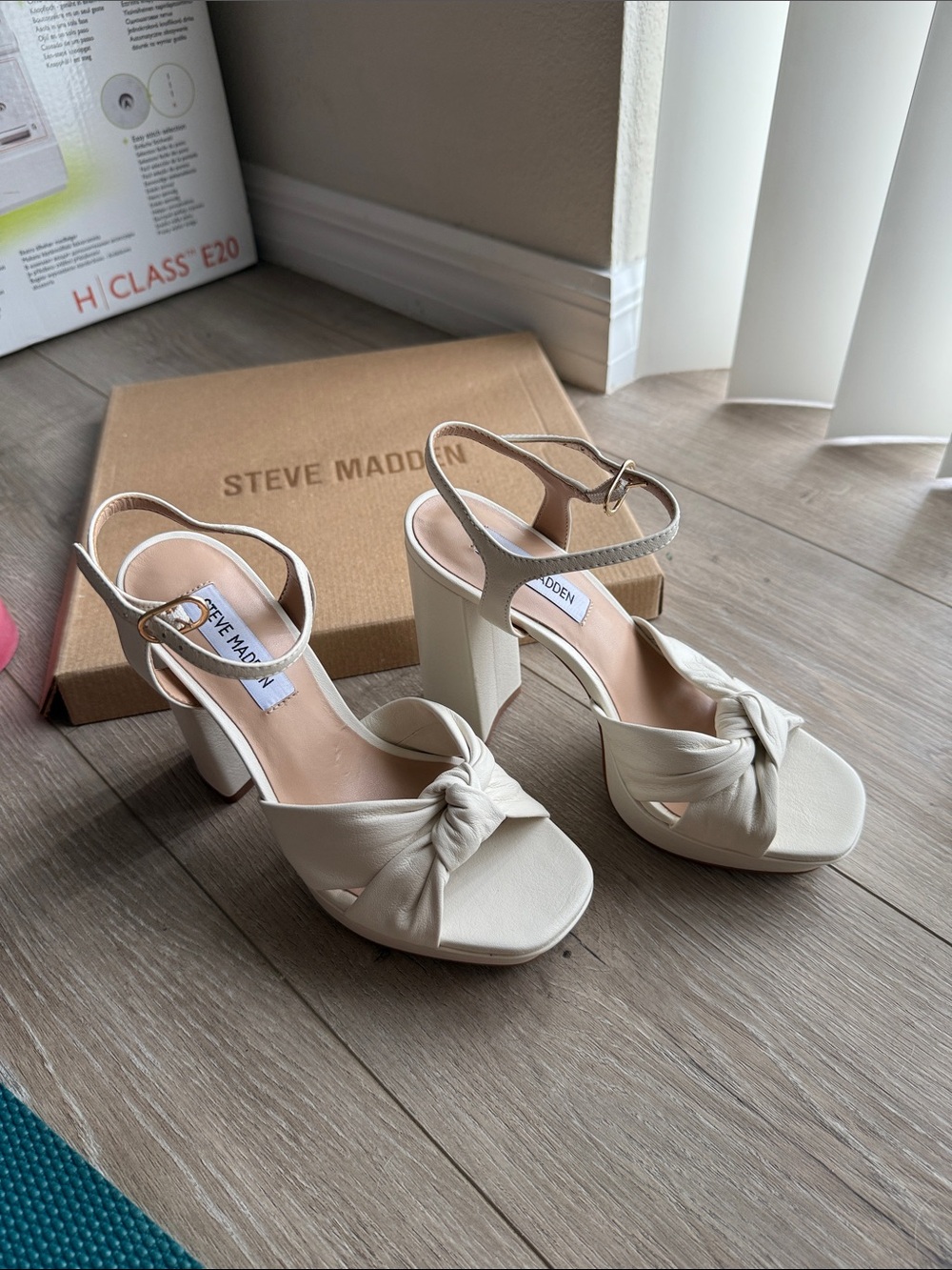 Steve Madden Cream Knotted Block Heel Sandals with Ankle Strap